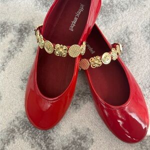 Jeffrey Campbell Red Patent Mary Jane Flat Shoe with Gold Accents Bequest Style